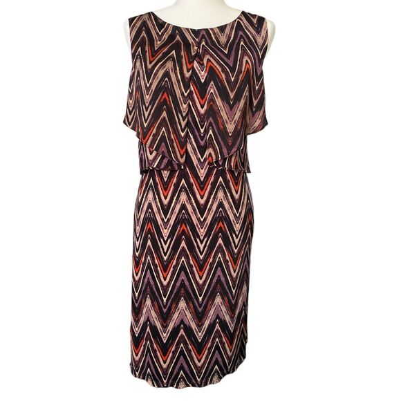 Womens Dressbarn Brown Flare Skirt Chevron Sleeveless Dress Knee Length Size 12 - Picture 3 of 9